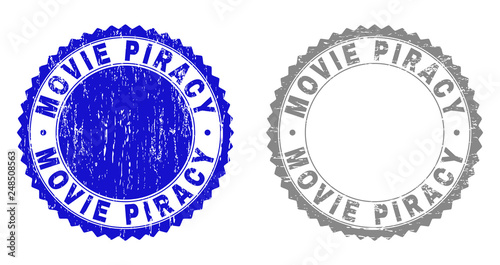 Grunge MOVIE PIRACY stamp seals isolated on a white background. Rosette seals with grunge texture in blue and grey colors. Vector rubber stamp imprint of MOVIE PIRACY caption inside round rosette.