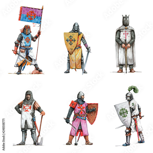 Medieval knights illustration. Set of 6 crusaders. Historical colored pencils drawing.	