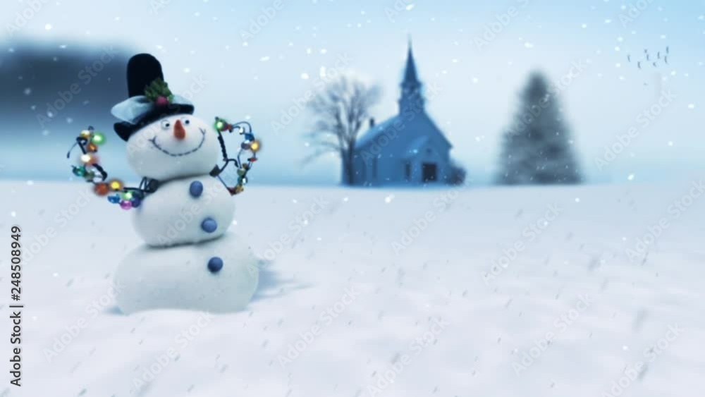 Snowman Winter Scene Camera Zoom 4K features a snowman with blinking Christmas lights in a snowfall with an animated camera zooming into the scene