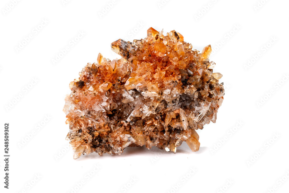 Macro of mineral stone Creedite on microcline on white background Macro of mineral stone Creedite on microcline on white background