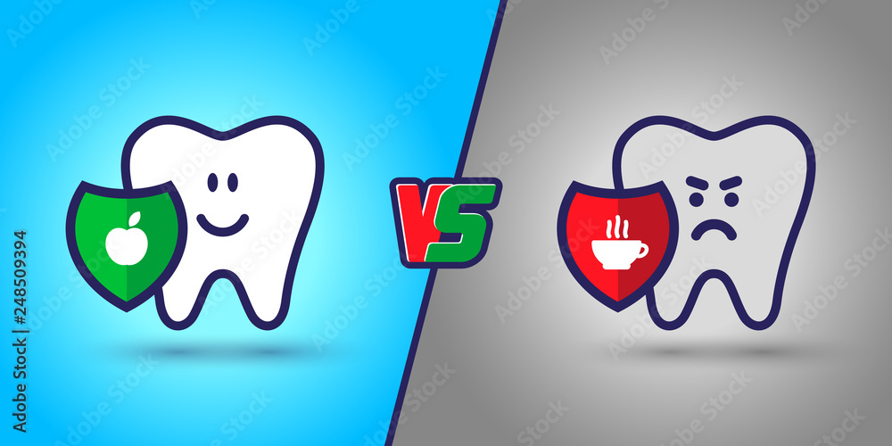 protected tooth, a healthy, white, happy tooth versus an evil, sick tooth. Harm vs use in the mouth. dentistry, oral hygiene. Shield with an apple versus tea and coffee. vector illustration protected tooth, a healthy, white, happy tooth versus an evil, sick tooth. Harm vs use in the mouth. dentistry, oral hygiene. Shield with an apple versus tea and coffee. vector illustration