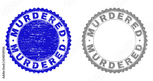 Grunge MURDERED stamp seals isolated on a white background. Rosette seals with distress texture in blue and gray colors. Vector rubber stamp imprint of MURDERED tag inside round rosette.