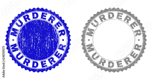 Grunge MURDERER stamp seals isolated on a white background. Rosette seals with grunge texture in blue and grey colors. Vector rubber overlay of MURDERER tag inside round rosette.