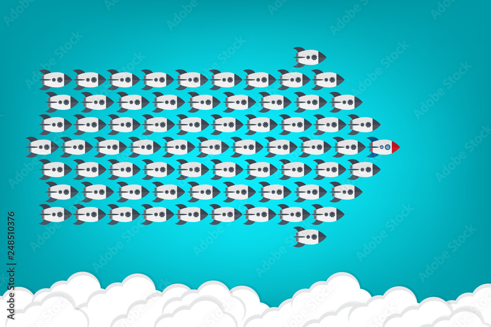 Fototapeta premium Red rocket as a leader among others, leadership, teamwork, motivation, stand out of the crowd concept, EPS10 vector 