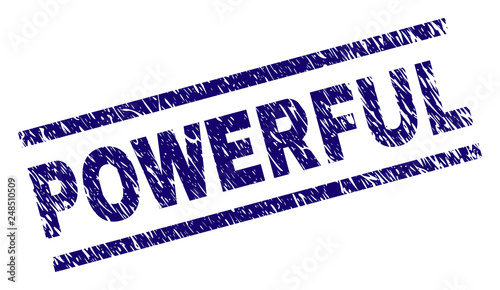 POWERFUL seal print with distress style. Blue vector rubber print of POWERFUL caption with dust texture. Text tag is placed between parallel lines.