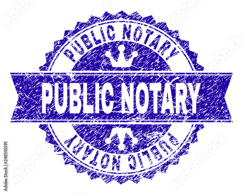PUBLIC NOTARY rosette stamp seal watermark with grunge effect. Designed with round rosette, ribbon and small crowns. Blue vector rubber watermark of PUBLIC NOTARY text with scratched texture.