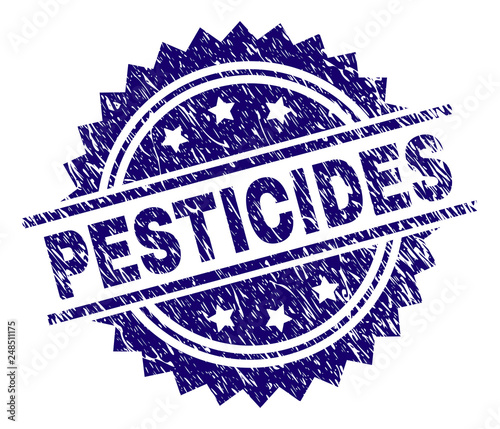 PESTICIDES stamp seal watermark with distress style. Blue vector rubber print of PESTICIDES text with scratched texture.