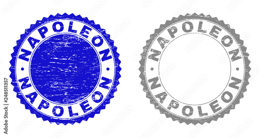 Grunge NAPOLEON stamp seals isolated on a white background. Rosette seals with distress texture in blue and grey colors. Vector rubber stamp imprint of NAPOLEON title inside round rosette. Grunge NAPOLEON stamp seals isolated on a white background. Rosette seals with distress texture in blue and grey colors. Vector rubber stamp imprint of NAPOLEON title inside round rosette.