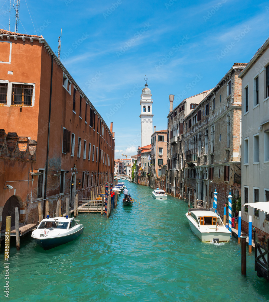 Venice panorama cityscape, San Giorgio dei Greci water canal and church campanile. Italy, Europe.