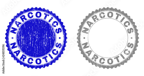 Grunge NARCOTICS stamp seals isolated on a white background. Rosette seals with grunge texture in blue and gray colors. Vector rubber watermark of NARCOTICS tag inside round rosette.