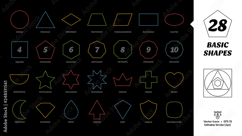 Color editable stroke outline basic simple shape icon set with ...