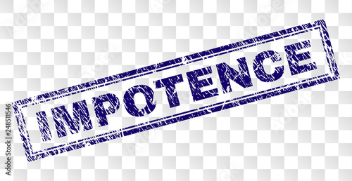 IMPOTENCE stamp seal print with rubber print style and double framed rectangle shape. Stamp is placed on a transparent background. Blue vector rubber print of IMPOTENCE label with grunge texture.