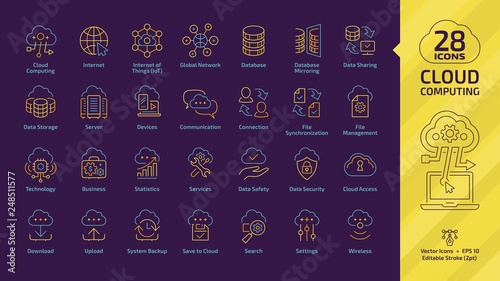 Cloud computing data editable stroke outline yellow icon set on a dark violet background with network digital database server and computer internet technology sign.