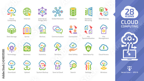 Cloud computing color glyph icon set with network computer data server and wireless internet technology colorful symbol. © Yuriy