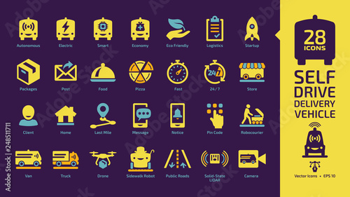 Autonomous delivery vehicle yellow glyph icon set on a dark violet background with self drive van car, drone and driverless truck for packages and food transportation symbols.