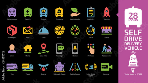 Driverless delivery vehicle color glyph icon set on a black background with autonomous van car, drone and truck for packages and food transportation colorful symbols.