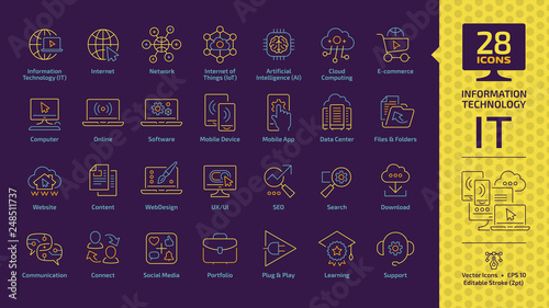 Information technology editable stroke outline icon set on a dark violet background with IT network communication computer tech system, artificial intelligent, cloud computing and more info sign.