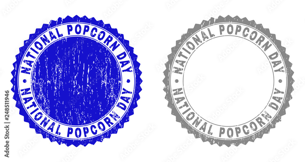 Grunge NATIONAL POPCORN DAY stamps isolated on a white background. Rosette seals with grunge texture in blue and gray colors. Grunge NATIONAL POPCORN DAY stamps isolated on a white background. Rosette seals with grunge texture in blue and gray colors.