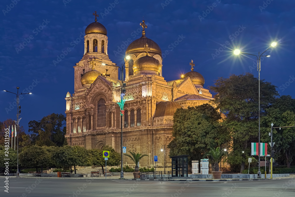Cathedral of the Dormition of the Mother of God in Varna in dusk, Bulgaria. The cathedral was built in 1880-1886.