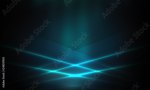 Product showcase spotlight background. Clean photographer studio. Abstract blue background with rays of neon light, spotlight, reflection