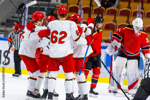 Photography Ice hockey players celebrating a victory goal