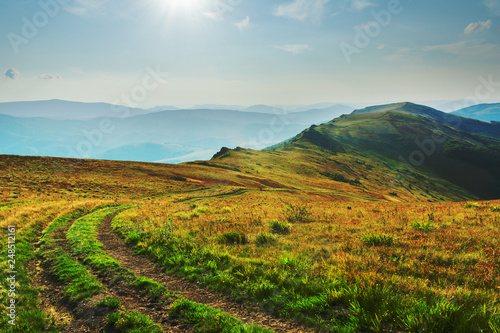 Summer landscapes in the Ukrainian Carpathian Mountains with beautiful mountain valleys and views of the ridge.