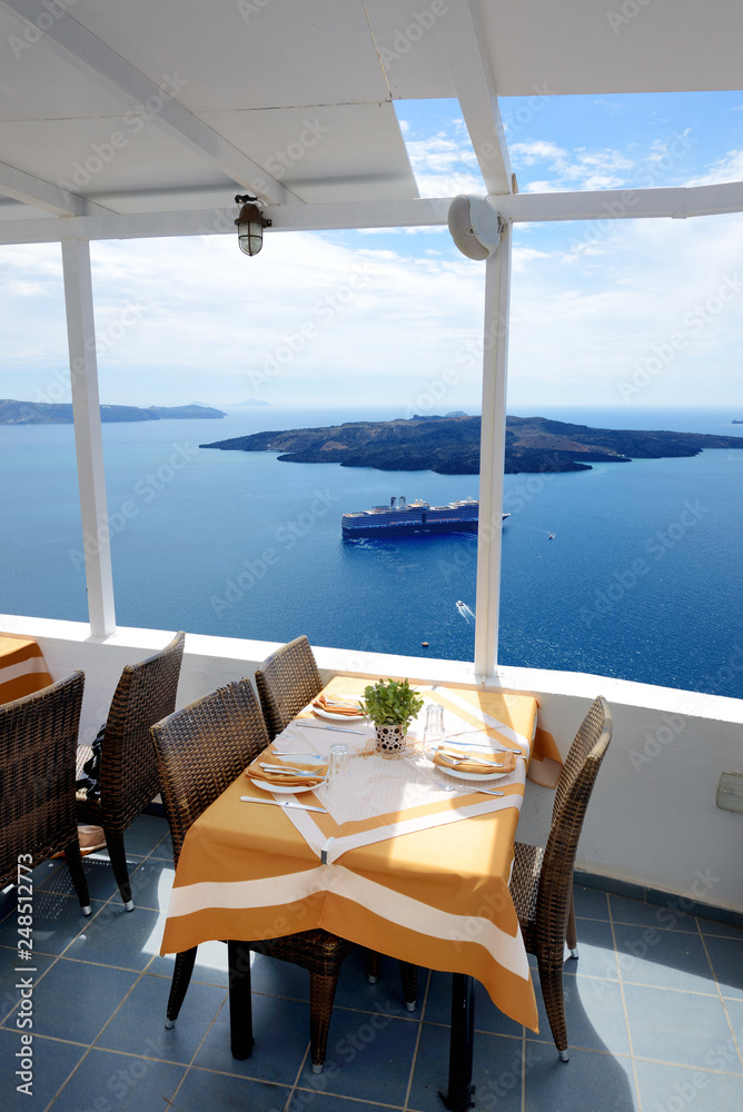 The sea view terrace in restaurant, Santorini island, Greece