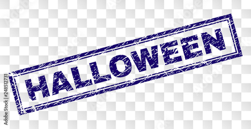 HALLOWEEN stamp seal imprint with rubber print style and double framed rectangle shape. Stamp is placed on a transparent background. Blue vector rubber print of HALLOWEEN text with dirty texture.
