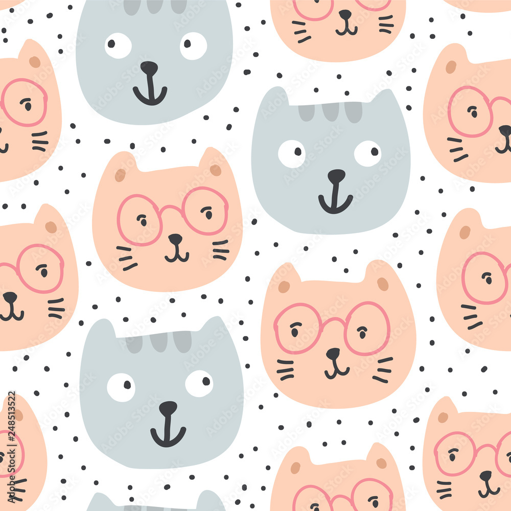 Cute cats in glasses seamless pattern