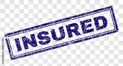 INSURED stamp seal print with rubber print style and double framed rectangle shape. Stamp is placed on a transparent background. Blue vector rubber print of INSURED title with grunge texture.