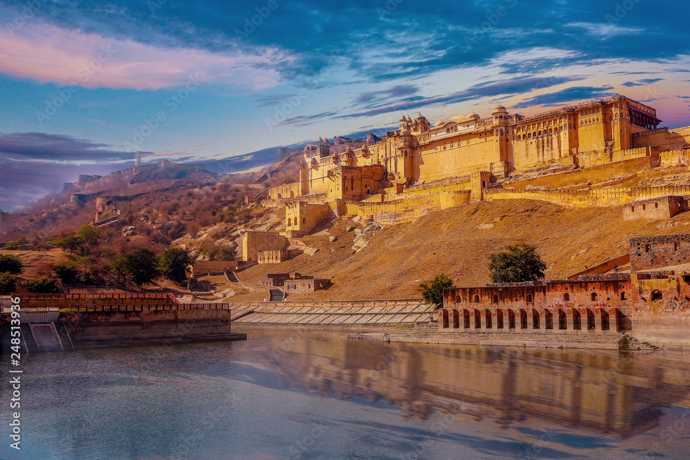 Fortress and palace Amber fort in the city of Jaipur in India at sunset    