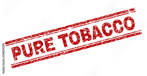 PURE TOBACCO seal print with corroded texture. Red vector rubber print of PURE TOBACCO text with dust texture. Text label is placed between double parallel lines.