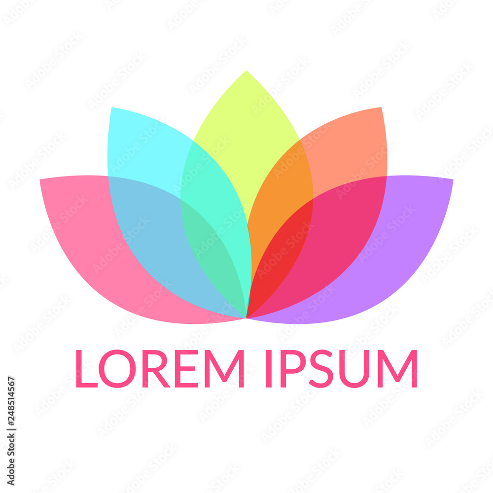 Colorful petals Lotus or water lily flower with five overlay color leaves, symbol of harmony or yoga. Sample text. Vector eps10 illustration for logo or icon design