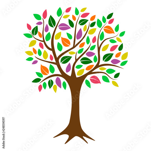 Colorful deciduous tree with autumn colored leaves, red, orange purple, green and yellow, simple flat illustration for logo or icon, autumn nature concept, eps 10 vector