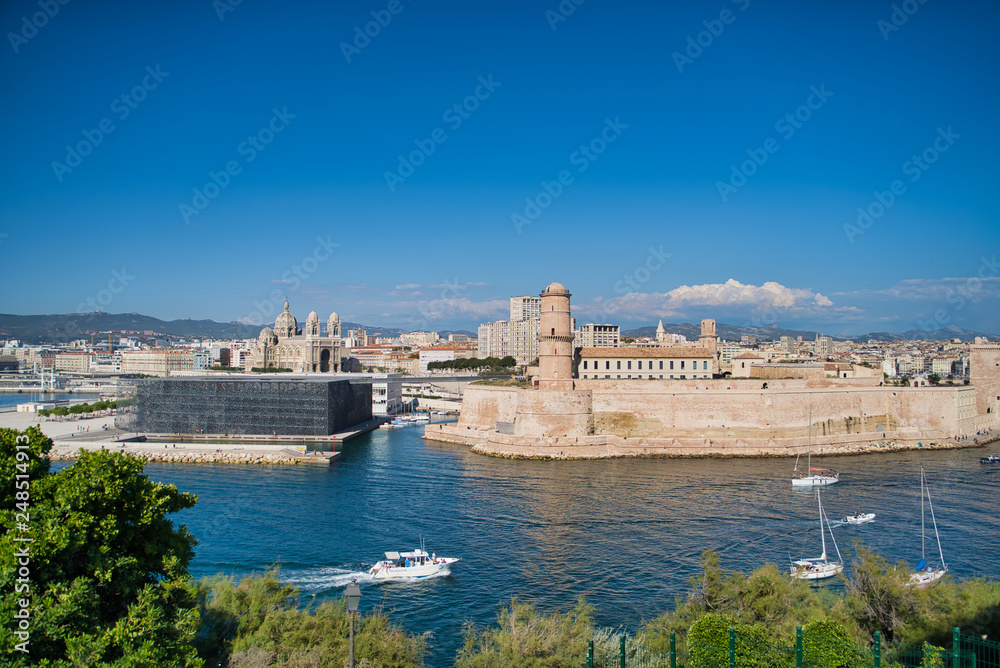Marseille, France - AUGUST 16, 2018: view on MuCEM and Tour du fanal of Fort saint-Jean