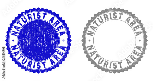 Grunge NATURIST AREA watermarks isolated on a white background. Rosette seals with grunge texture in blue and grey colors. Vector rubber stamp imitation of NATURIST AREA label inside round rosette.
