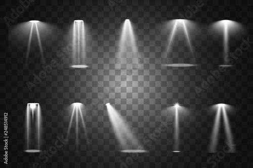 Stage lighting, a collection of transparent effects. Bright lighting with spotlights. Vector illustration.