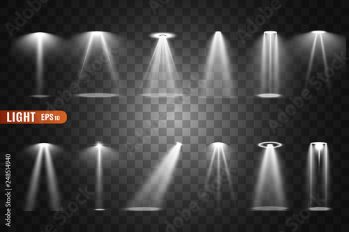 Stage lighting  a collection of transparent effects. Bright lighting with spotlights. Vector illustration.