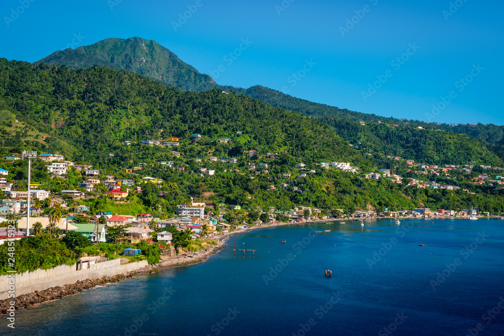 Dominica landscape with Caribbean Sea and mountains. 