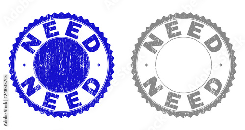 Grunge NEED stamp seals isolated on a white background. Rosette seals with grunge texture in blue and grey colors. Vector rubber stamp imprint of NEED label inside round rosette.
