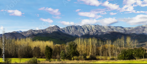 Panoramic landscape of mountains with trees and blue sky