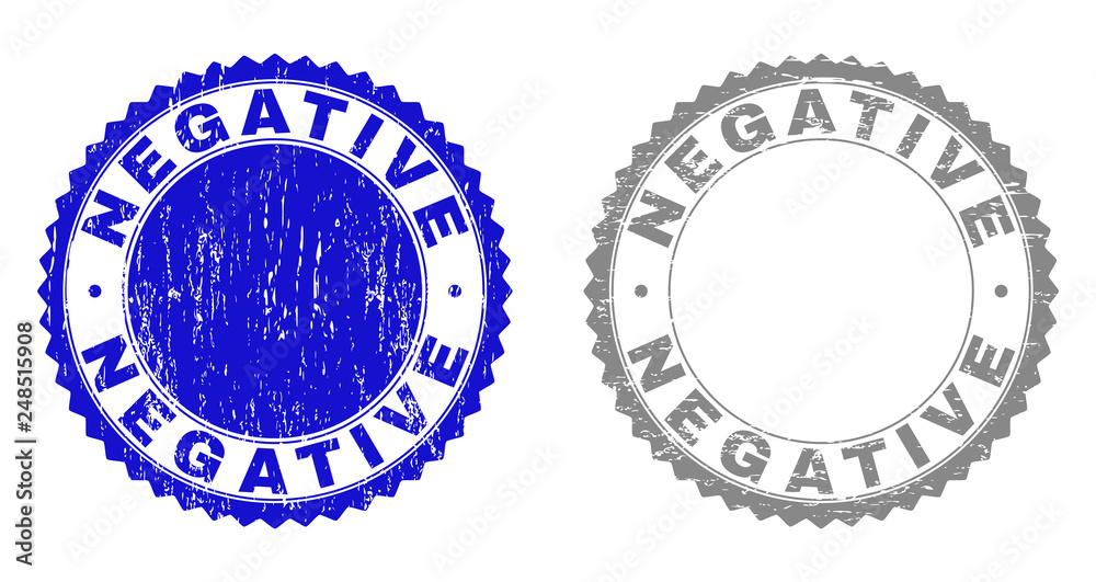 Grunge NEGATIVE stamp seals isolated on a white background. Rosette seals with grunge texture in blue and grey colors. Vector rubber stamp imprint of NEGATIVE tag inside round rosette.