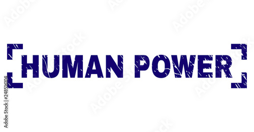 HUMAN POWER caption seal watermark with corroded texture. Text caption is placed inside corners. Blue vector rubber print of HUMAN POWER with grunge texture.