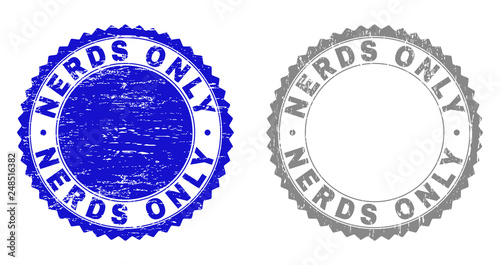 Grunge NERDS ONLY stamp seals isolated on a white background. Rosette seals with grunge texture in blue and grey colors. Vector rubber stamp imitation of NERDS ONLY title inside round rosette.