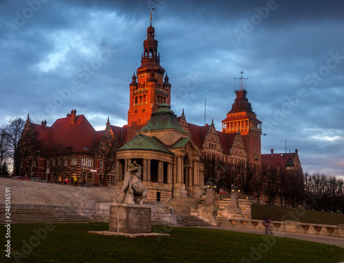 The historic and representative part of Szczecin in Poland against the evening sky