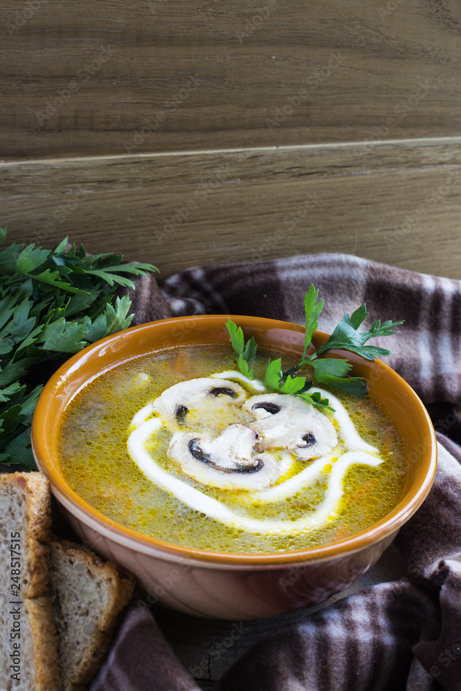 Mushroom soup. Close-up. Top view. Mushroom soup. Close-up. Top view.