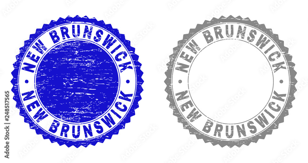 Grunge NEW BRUNSWICK stamp seals isolated on a white background. Rosette seals with distress texture in blue and grey colors. Vector rubber stamp imitation of NEW BRUNSWICK title inside round rosette.