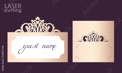 Laser cut wedding invitation place card with lace border. Wedding centerpieces table card, crown design name card holders. Template for cutting, vector.
