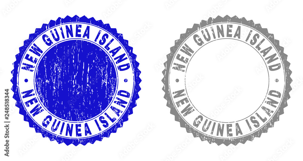 Grunge NEW GUINEA ISLAND stamp seals isolated on a white background. Rosette seals with distress texture in blue and grey colors.