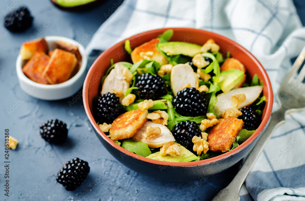Crispy goat cheese blackberry arugula chicken avocado salad Crispy goat cheese blackberry arugula chicken avocado salad